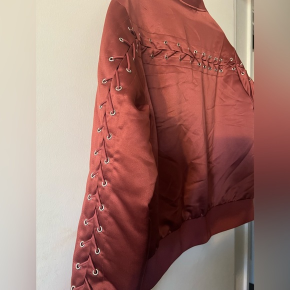 Forever 21 maroon satin bomber jacket with lace up sleeves - Picture 7 of 12